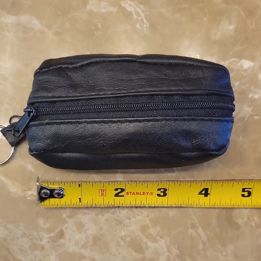 Black Compact Change Purse with Zippered Closure and Keyring